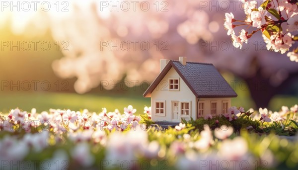 A miniature house surrounded by blooming cherry blossoms and warm sunlight, creating a peaceful and idyllic spring atmosphere, toy house on blossom cherry flowers, spring natural background. concept of mortgage, construction, rental, family and property, AI generated