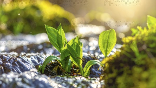 Beautiful spring detailed stream of fresh water, vibrant blooming young green plants, wallpaper banner for springtime and summer nature concept, AI generated