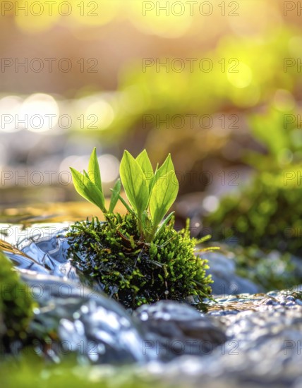 Beautiful spring detailed stream of fresh water, vibrant blooming young green plants, wallpaper banner for springtime and summer nature concept, AI generated