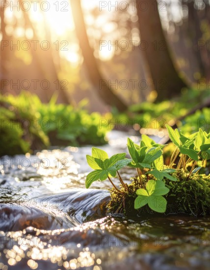Beautiful spring detailed stream of fresh water, vibrant blooming young green plants, wallpaper banner for springtime and summer nature concept, AI generated