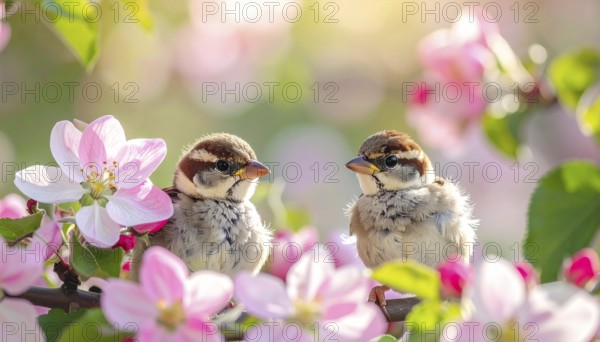 Small funny Sparrow Chicks sit in the garden surrounded by pink Apple blossoms on a Sunny may day, AI generated