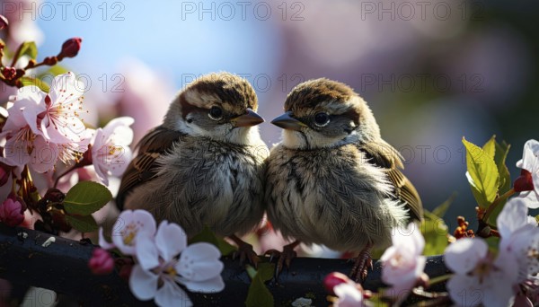 Small funny Sparrow Chicks sit in the garden surrounded by pink Apple blossoms on a Sunny may day, AI generated