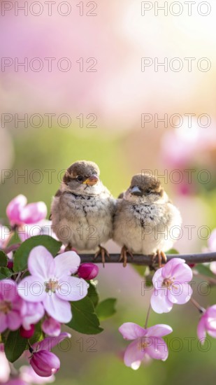 Small funny Sparrow Chicks sit in the garden surrounded by pink Apple blossoms on a Sunny may day, AI generated