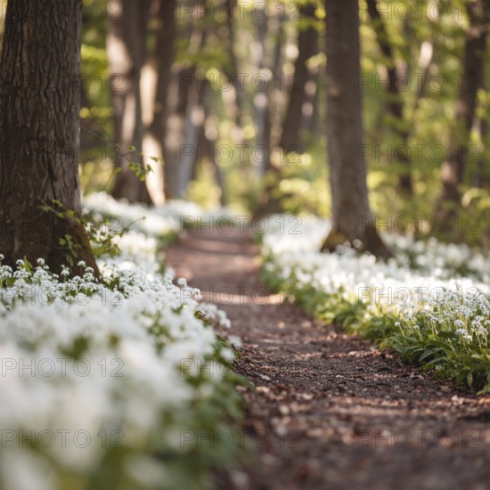 A tranquil forest path lined with white flowers, surrounded by tall trees and bathed in soft sunlight, Pathway through the forest with blooming wild garlic (Allium ursinum) sunny summer day, AI generated