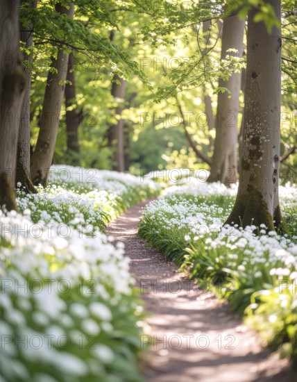 A tranquil forest path lined with white flowers, surrounded by tall trees and bathed in soft sunlight, Pathway through the forest with blooming wild garlic (Allium ursinum) sunny summer day, AI generated
