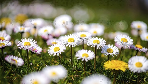 A sunny meadow with daisies in full bloom under bright sunlight, creating a vibrant and cheerful atmosphere, Blooming meadow with lots of white and pink spring daisy flowers and yellow dandelions, sunny day with blue clear sky, beautiful landscape in blurred background, fresh spring and summer nature concept, AI generated