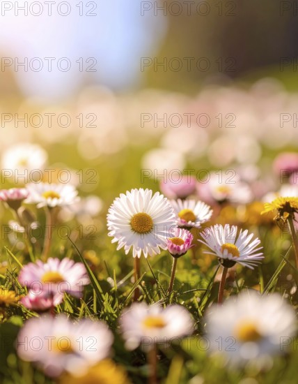 A sunny meadow with daisies in full bloom under bright sunlight, creating a vibrant and cheerful atmosphere, Blooming meadow with lots of white and pink spring daisy flowers and yellow dandelions, sunny day with blue clear sky, beautiful landscape in blurred background, fresh spring and summer nature concept, AI generated