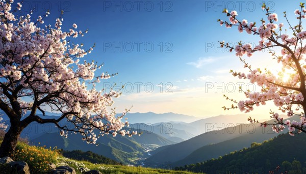 Landscape with a blooming apricot tree, idilyc spring nature, green grass and mountains in background, blue cloudy sky in sunset web banner spring time concept, AI generated