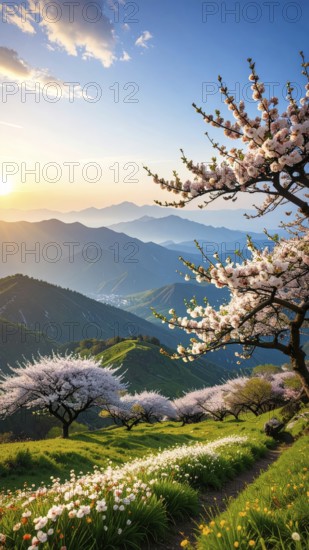 Landscape with a blooming apricot tree, idilyc spring nature, green grass and mountains in background, blue cloudy sky in sunset web banner spring time concept, AI generated