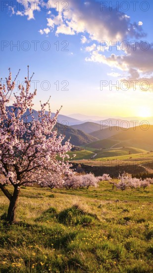 Landscape with a blooming apricot tree, idilyc spring nature, green grass and mountains in background, blue cloudy sky in sunset web banner spring time concept, AI generated