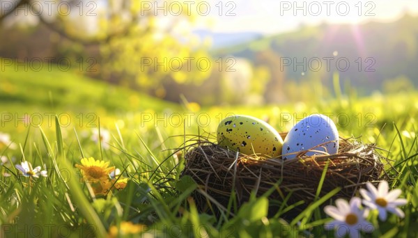 Nest with easter eggs in a basket on grass, sunny spring day, fresh beautiful landscape at daylight, soft focus for calm scenery, festive Easter decoration, wallpaper illustration banner, panorama, background, AI generated