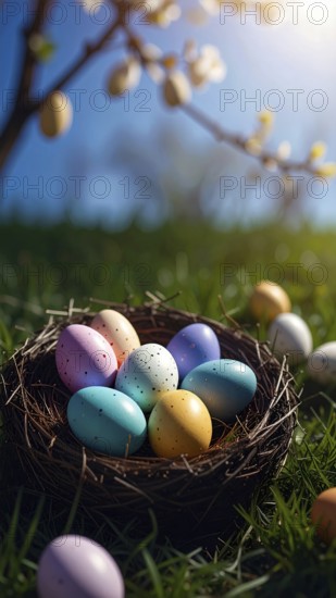 Nest with easter eggs in a basket on grass, sunny spring day, fresh beautiful landscape at daylight, soft focus for calm scenery, festive Easter decoration, wallpaper illustration banner, panorama, background, AI generated