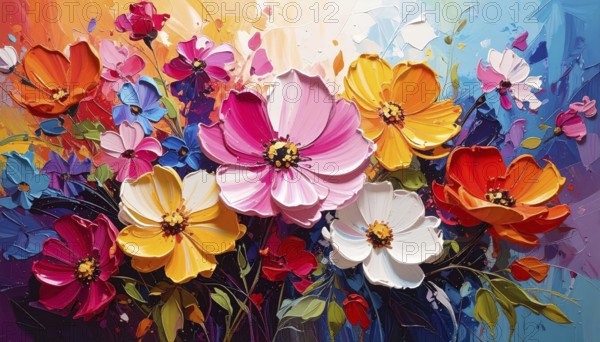 Closeup of abstract rough colorful multicolored organic floral spring flowers art painting texture, with oil acrylic brushstroke, pallet knife paint on canvas wallpaper, AI generated