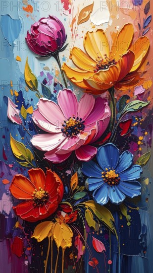 Closeup of abstract rough colorful multicolored organic floral spring flowers art painting texture, with oil acrylic brushstroke, pallet knife paint on canvas wallpaper, AI generated
