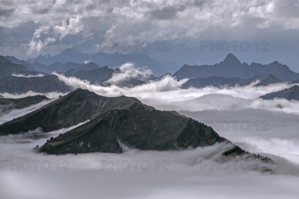 View from the Nebelhorn summit to mountains of the Allgäu Alps, mountains rising from fog in the valley, Oberstdorf, Oberallgäu, Allgäu, Bavaria, Germany