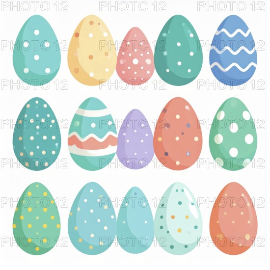 Set of easter eggs flat design on white background, abstract vector wallpaper illustration, banner for springtime, AI generated