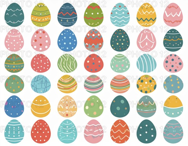 Set of easter eggs flat design on white background, abstract vector wallpaper illustration, banner for springtime, AI generated