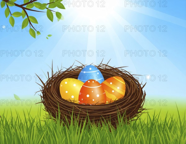 Nest with easter eggs in grass on a sunny spring day, Easter wallpaper decoration drawing, banner, panorama, background, abstract vector illustration, AI generated
