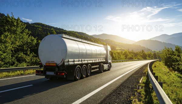 Petrol cargo truck lorry tanker driving on highway hauling oil products at sunrise, wide hilly landscape, AI generated