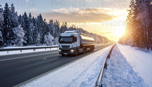 Petrol cargo truck lorry tanker driving on highway hauling oil products at sunrise, wide snowy landscape in winter, AI generated