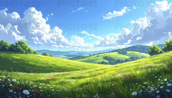 Fresh summer hilly Landscape with blooming Meadow, green plants, Blue Sky with cloudy sky, serene nature background, abstract vector illustration, AI generated