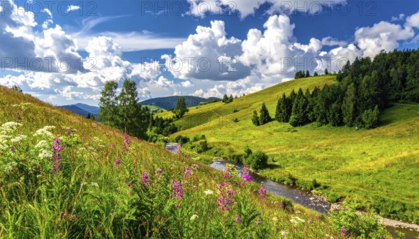 Fresh summer hilly Landscape with blooming Meadow, green plants, Blue Sky with cloudy sky, serene nature background, AI generated