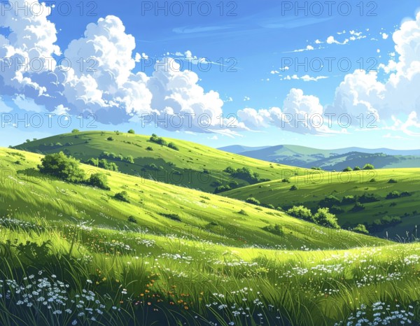Fresh summer hilly Landscape with blooming Meadow, green plants, Blue Sky with cloudy sky, serene nature background, abstract vector illustration, AI generated