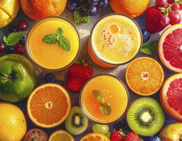 Fresh fruit juices in glasses, surrounded by colorful fruits, showcasing healthy drinking and eating, fitness and wellness lifestyle, AI generated