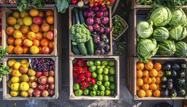 Fresh fruits and vegetables in a market display, aerial view perpendicular top down, healthy eating and lifestyle, AI generated