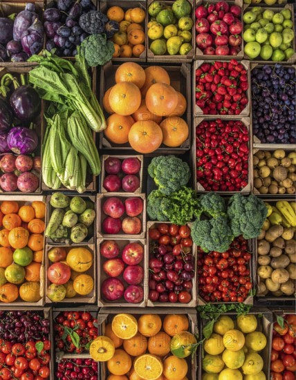 Fresh fruits and vegetables in a market display, aerial view perpendicular top down, healthy eating and lifestyle, AI generated