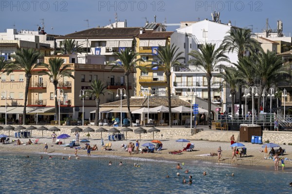 View of the beach and old town of Jávea or Xàbia, Alicante Province, Comunidad Valenciana, Spain