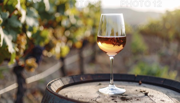 A glass of 10-year-old tawny wine placed on a barrel in a vineyard restaurant, vineyard landscape in blurred background, AI generated