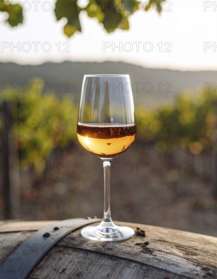 A glass of 10-year-old tawny wine placed on a barrel in a vineyard restaurant, vineyard landscape in blurred background, AI generated