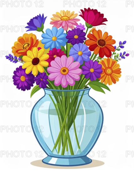 Crystal glass vase with vibrant blooming flowers, vibrant vector drawing illustration for fresh spring background, AI generated