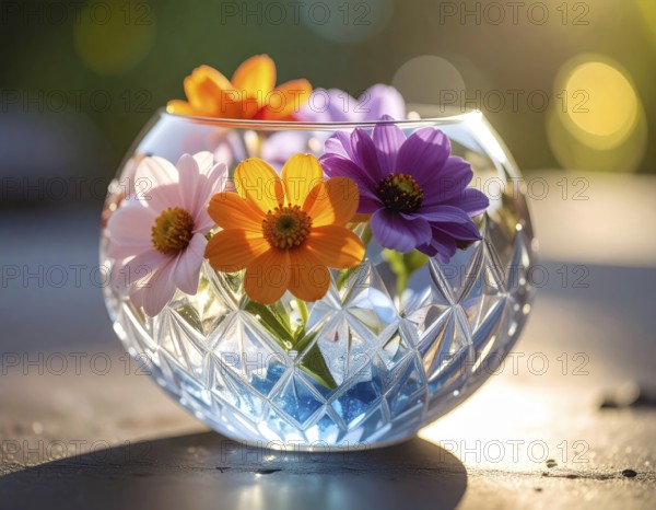 Crystal glass vase with vibrant blooming flowers, fresh spring and summer concept, AI generated
