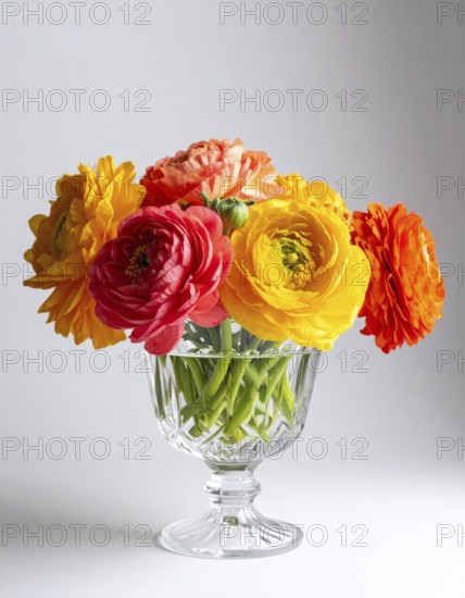 Crystal glass vase with vibrant blooming flowers, fresh spring and summer concept, AI generated