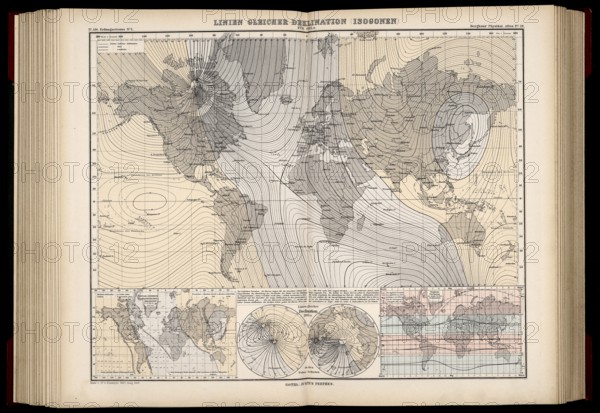 Atlas of Geomagnetism showing lines of magnetic declination, isogonic lines or isogonic chart, for the epoch 1885, designed by Georg Balthazar von Neumayer, German polar explorer, geographer and geophysicist