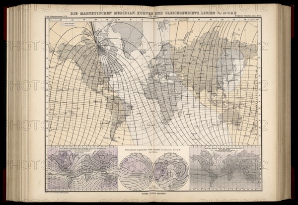Atlas of Geomagnetism showing magnetic meridian curves and equilibrium lines, convergence of meridians plus magnetic declination, for the epoch 1885, designed by Georg Balthazar von Neumayer, German polar explorer, geographer and geophysicist