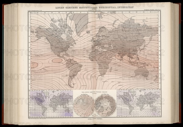 Atlas of Geomagnetism showing horizontal intensity of the Earth's magnetic field for the epoch 1885, designed by Georg Balthazar von Neumayer, German polar explorer, geographer and geophysicist