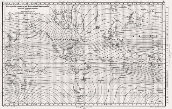 Atlas of Geomagnetism showing horizontal intensity of the Earth's magnetic field for the epoch 1885, measured in Gauss units, published by German Maritime Observatory, deutsche Seewarte, 1889, designed by Georg Balthazar von Neumayer, German polar explorer, geographer and geophysicist