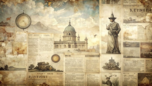 Grunge old public newspaper, texture background wallpaper illustration, vintage tattered yellow press news, AI generated