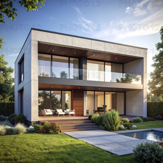 Modern residential house with green garden, simple geometric architecture, clear blue sky in the evening sunset, symbol for a real estate lifestyle, AI generated