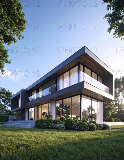 Modern residential house with green garden, simple geometric architecture, clear blue sky in the evening sunset, symbol for a real estate lifestyle, AI generated