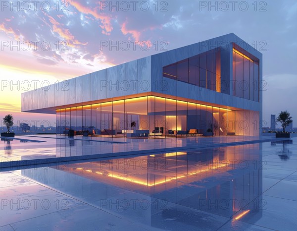 Modern building reflecting sunset light at dusk. Abstract Futuristic Business Background, AI generated