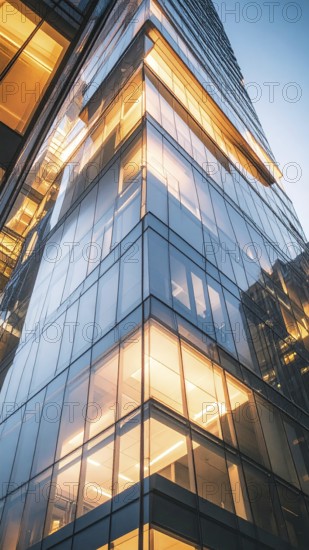 Modern building reflecting sunset light at dusk. Abstract Futuristic Business Background, AI generated