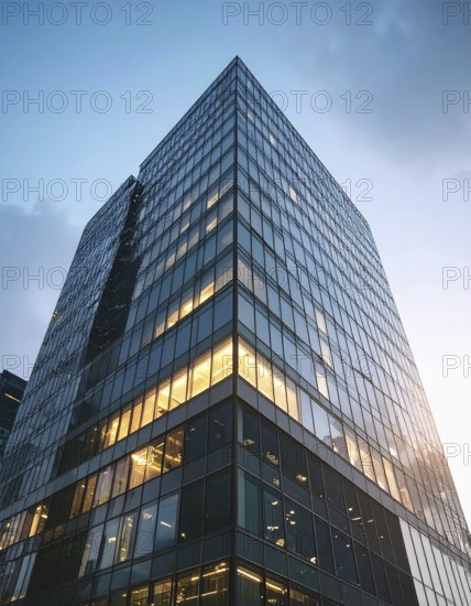 Modern building reflecting sunset light at dusk. Abstract Futuristic Business Background, AI generated