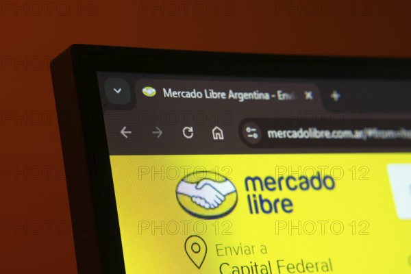 Dhaka, Bangladesh- 02 June 2025: Close-up of a computer screen displaying the Mercado Libre web interface in dark mode