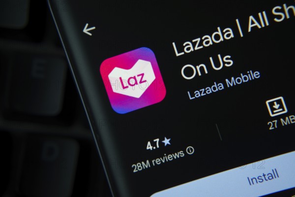 Dhaka, Bangladesh- 27 July 2025: Lazada app from Google Playstore is displayed on a smartphone screen