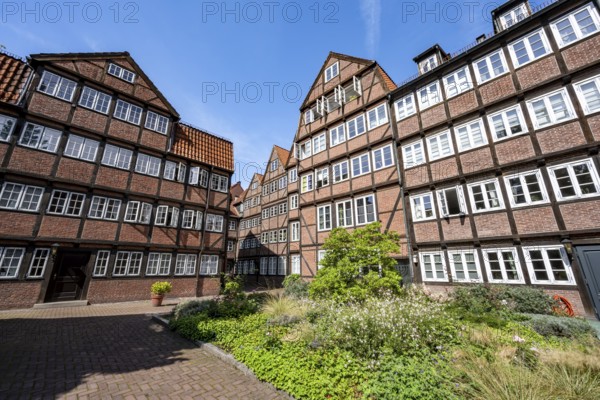 Facades of the historic brick buildings, inner courtyard, view over the city, Peterstraße, composers' quarter, Neustadt, Hamburg, Germany