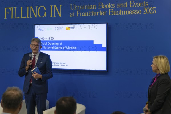 Minister of State for Culture Wolfram Weimer (non-party) and the Ukrainian Ambassador to Germany, Oleksiy Makeyev, open the Ukrainian national stand at the Frankfurt Book Fair. The 77th Frankfurt Book Fair takes place from 15 - 19 October 2025, Exhibition Grounds, Frankfurt am Main, Hesse, Germany